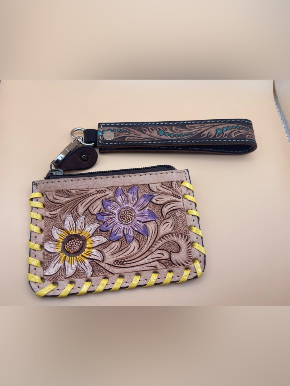 Western Tooled Leather Floral Hair-On-Hide Wristlet Coin Purse